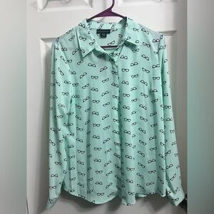 Blue/green with (glasses print) Button up Blouse. Brand: Metaphor. Size: Medium.
